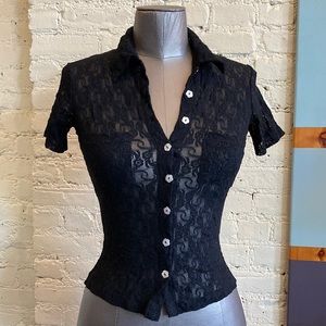 Only Hearts black stretch lace button up short sleeve top with collar EUC
